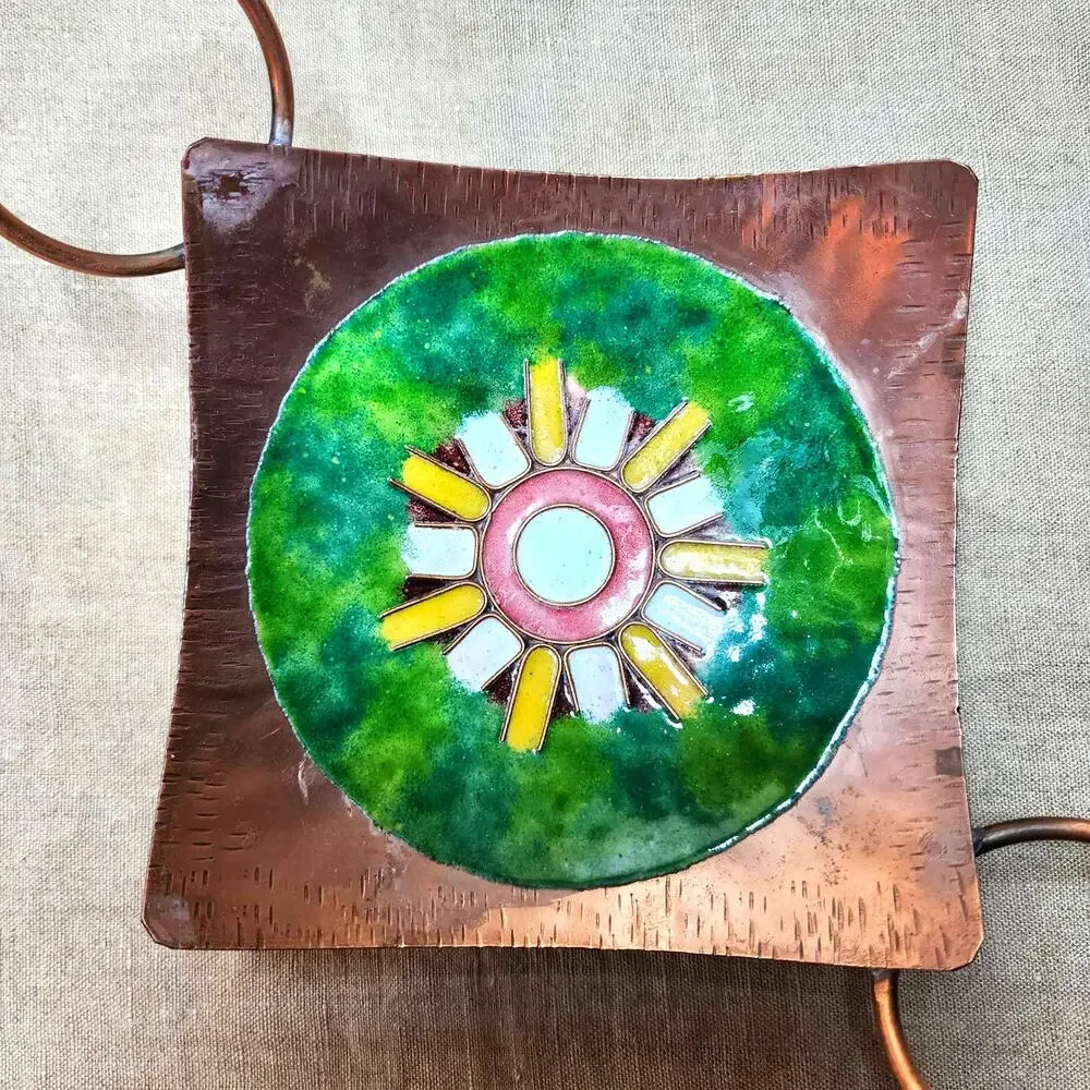 VTG Unique Square Copper and Enamel Trinket Dish Jewelry Tray with Round Handles